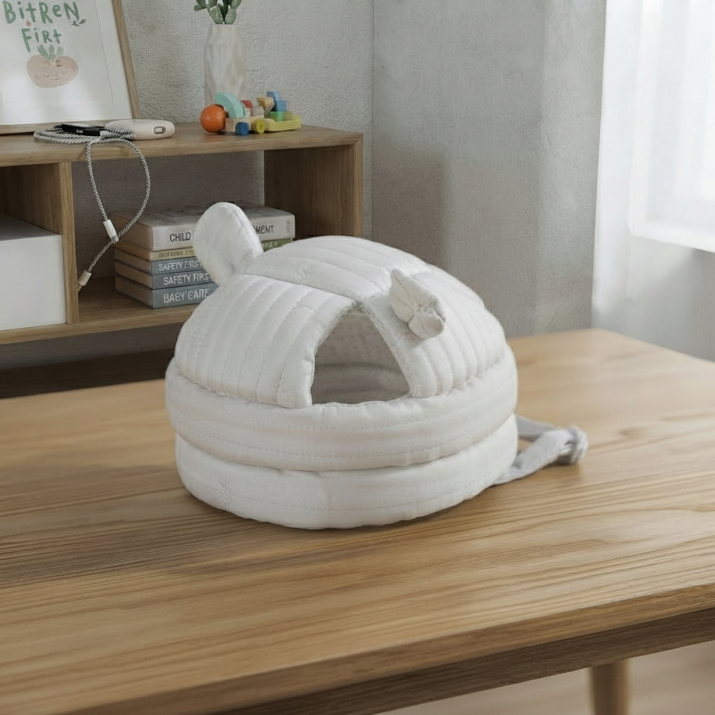 Baby helmet on wooden table