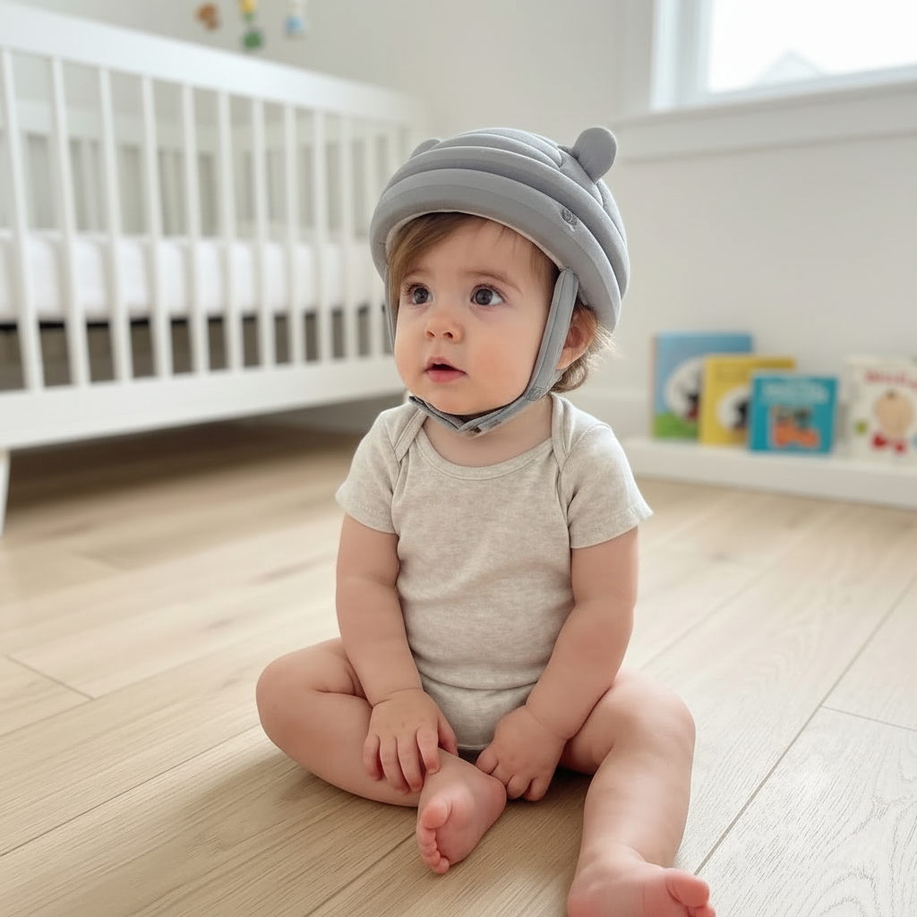 Baby sitting on floor with gray helmet