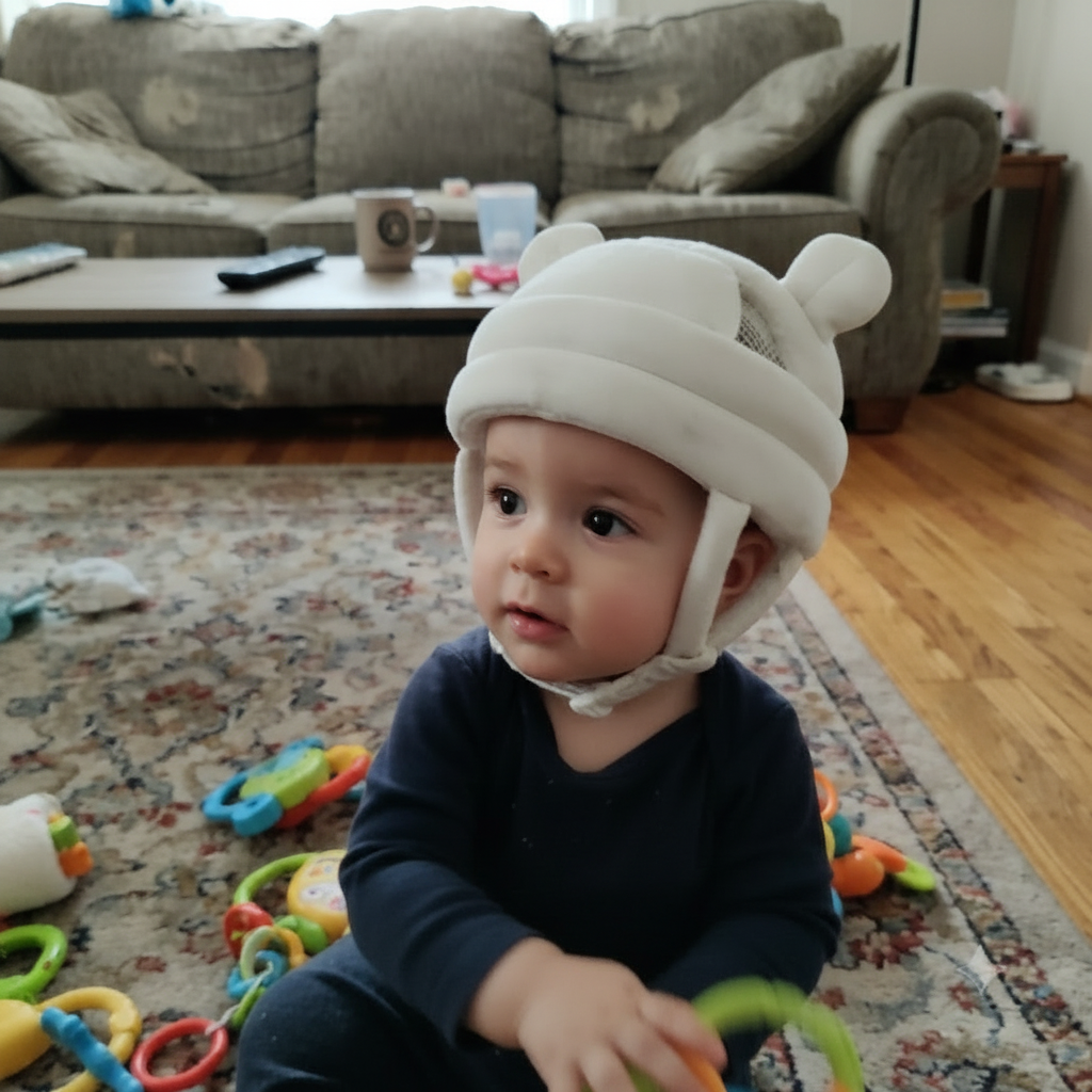 Baby with safety helmet